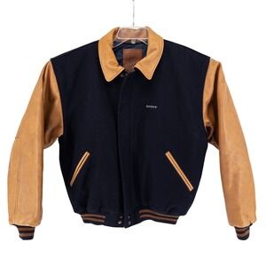 VTG Golden Bear Sony Mens L Varsity Jacket Black Tan Leather Wool Made in USA